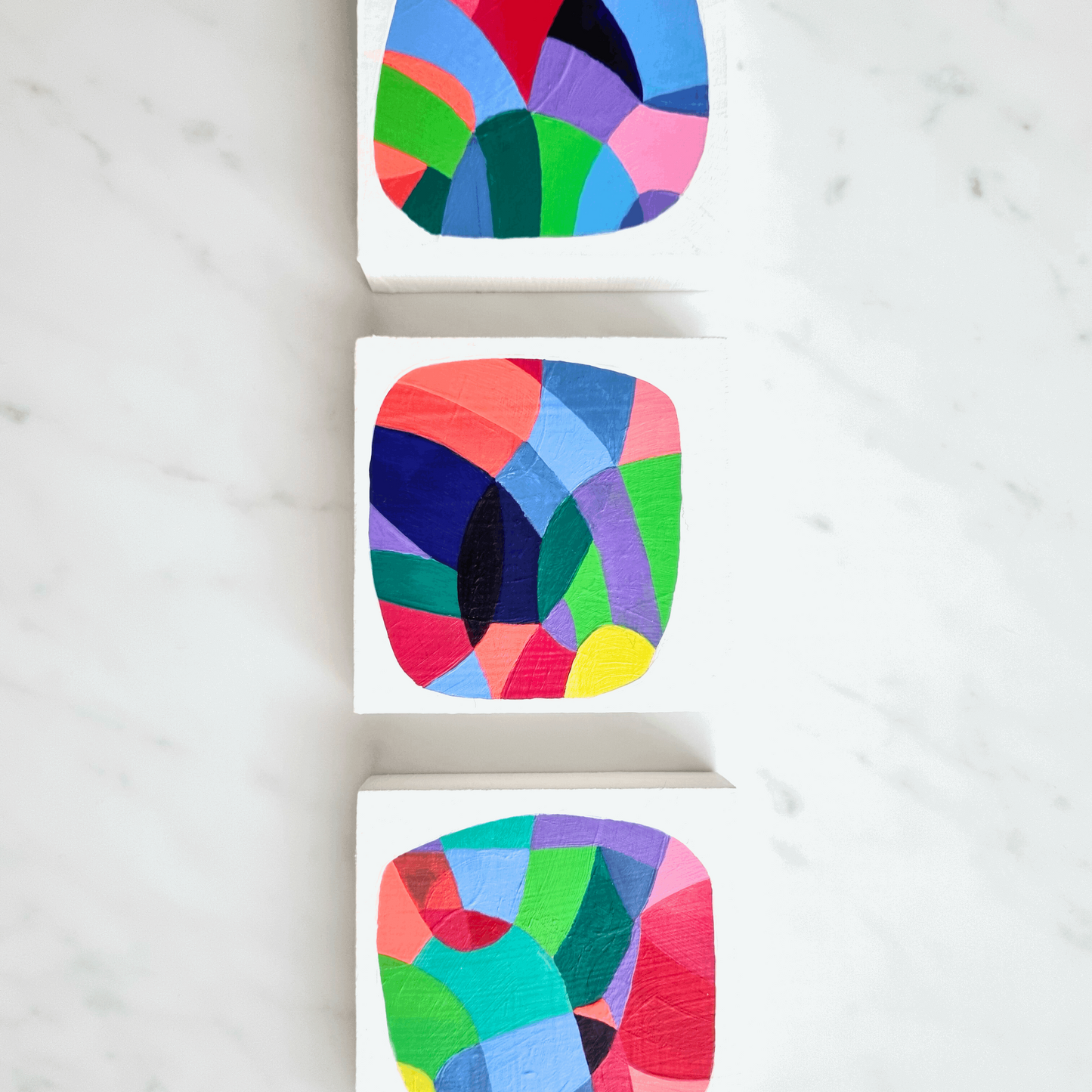 "Testbild 1, 2 & 3" - Drei Farbenfrohe Wandobjekte, 10x10cm